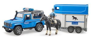 POLICYJNY LAND ROVER Z PRZYCZEPĄ I KONIEM BRUDER 1:16